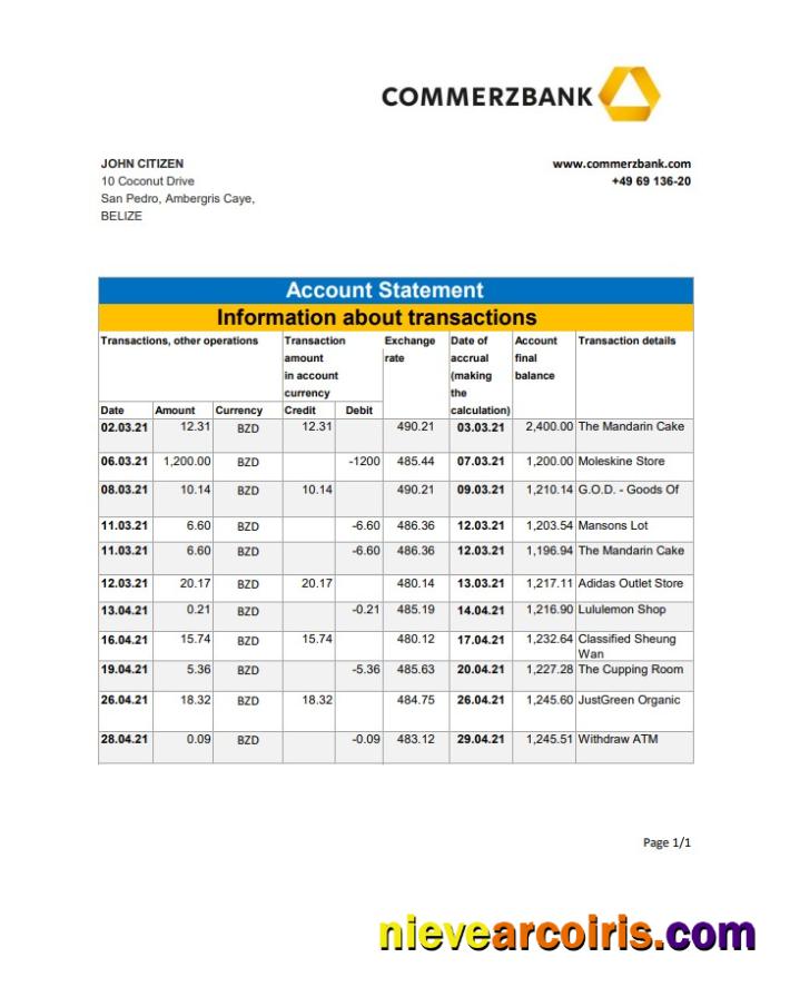 Belize Commerzbank bank statement easy to fill in Excel and PDF format